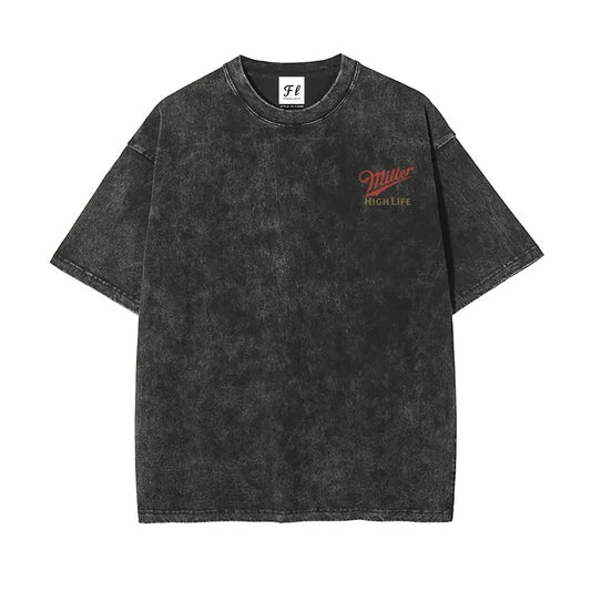 Menswear Short-Sleeve Round Neck Vintage Washed Unisex T-Shirt - Retro Logo Graphic Tee, Soft Cotton Fabric Casual Comfortable Top with Tropical Vibe, Classic Fit Streetwear