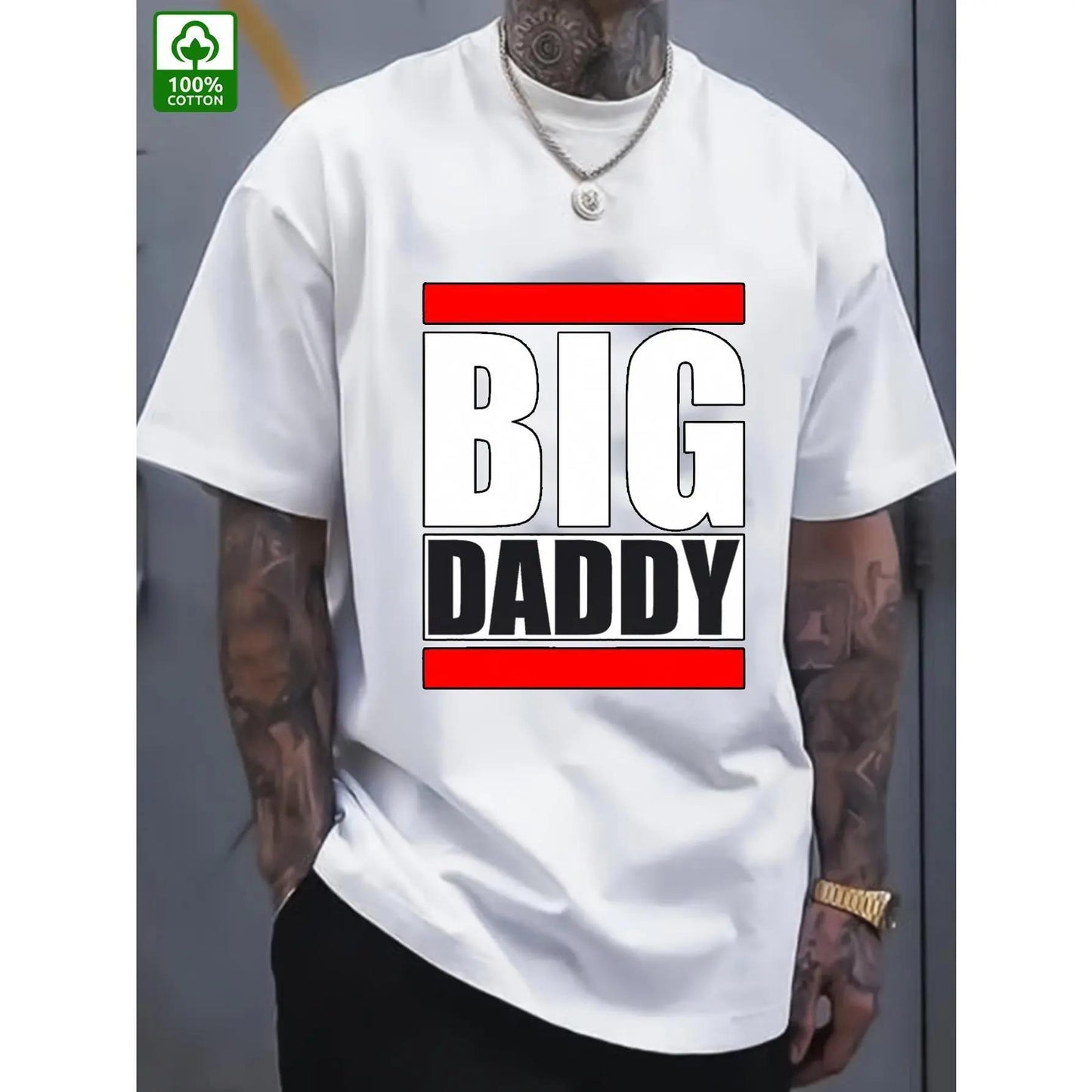 Men's BIG DADDY Pattern Print Oversized T-Shirt, Plus Size Street Style Loose Fit Soft Breathable Cotton Top, Machine Washable Casual Wear, Ideal for Father's Day, Birthdays, Weddings & Christmas Gifts for Dad, Plus Size Tall Men Holiday Fashion Shirt