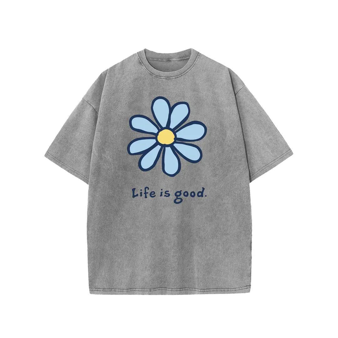 Holafish Womens Daisy, Life Print Graphic Tee, Acid Washed T-Shirt with Drop Shoulder Design, Unisex Baggy Hip Hop Vintage Streetwear Style, Mothers Day Gift