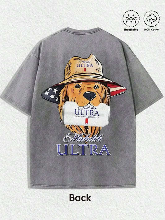 "Michelob Ultra - American Dog" Vintage Graphic Tee: Washed Shirt (Available In Gray/Dark Gray) With "Michelob Ultra" Logo (Front), Back Art Of Dog In American Flag Hat Holding Michelob Ultra Beer. Made Of 100%25 Breathable Cotton