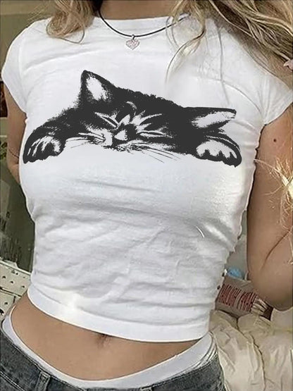 Women's Cat Print Round Neck Tee, Casual Slim-fitting Short Sleeve T-shirt for Daily Wear, Ladies Clothes for All Seasons, Casual Breathable Top, Casual Comfy Top