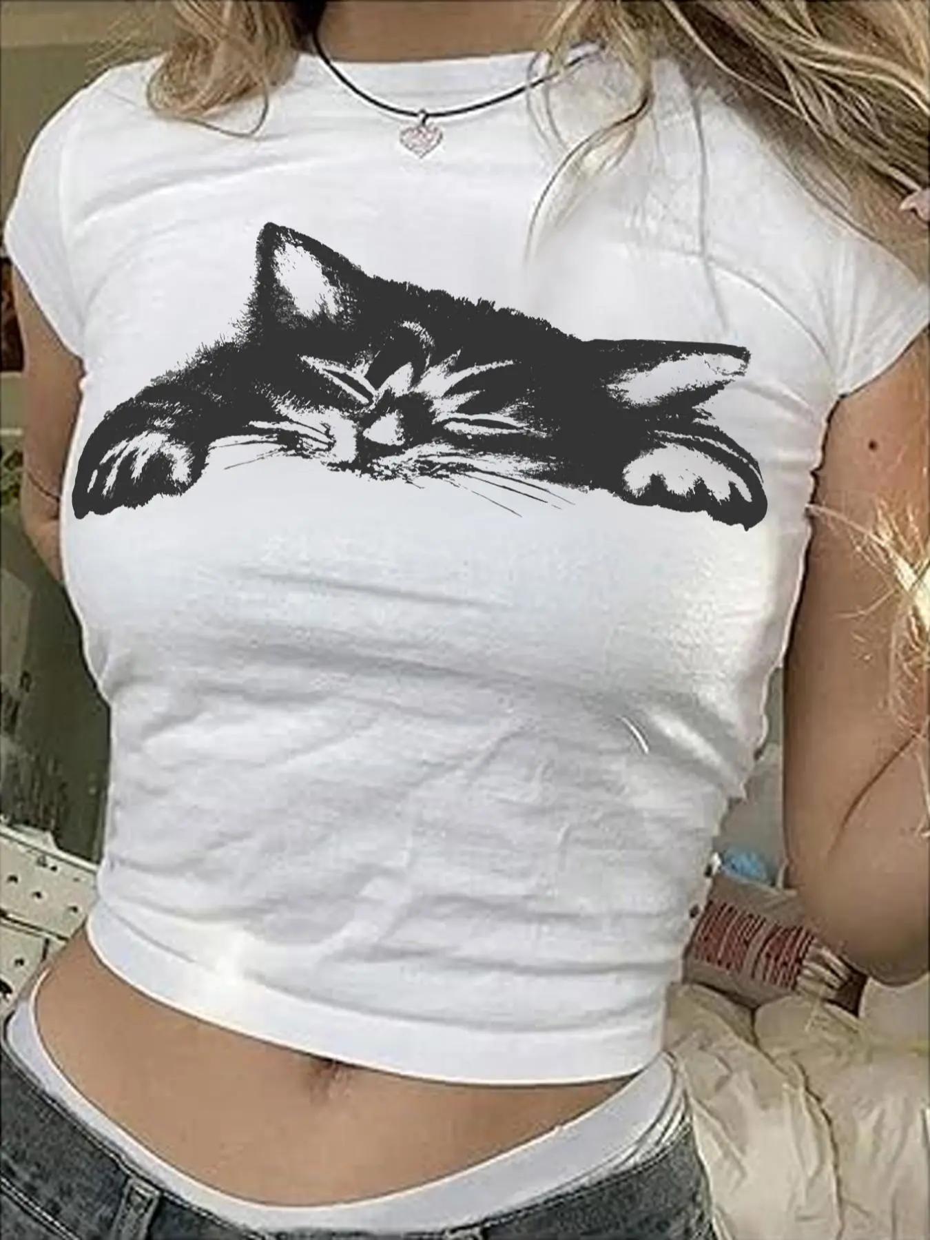 Women's Cat Print Round Neck Tee, Casual Slim-fitting Short Sleeve T-shirt for Daily Wear, Ladies Clothes for All Seasons, Casual Breathable Top, Casual Comfy Top