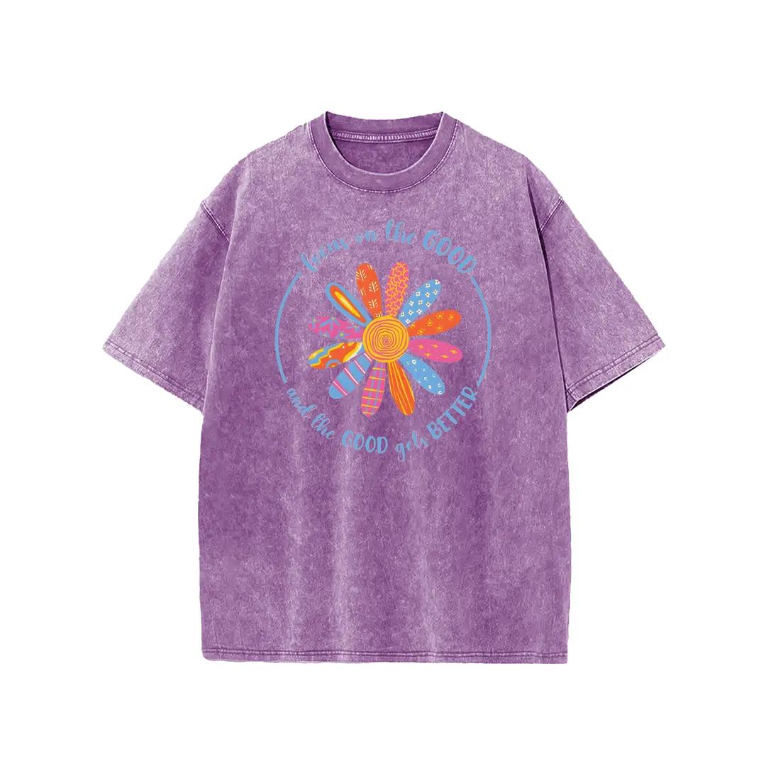 Holafish Flower Print T-Shirt, Unisex Heavy-Weight Cotton Acid Washed Graphic Short Sleeve Casual Tee for Streetwear, Weekend Wear and Everyday Style