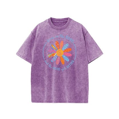 Holafish Flower Print T-Shirt, Unisex Heavy-Weight Cotton Acid Washed Graphic Short Sleeve Casual Tee for Streetwear, Weekend Wear and Everyday Style