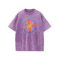 Holafish Flower Print T-Shirt, Unisex Heavy-Weight Cotton Acid Washed Graphic Short Sleeve Casual Tee for Streetwear, Weekend Wear and Everyday Style