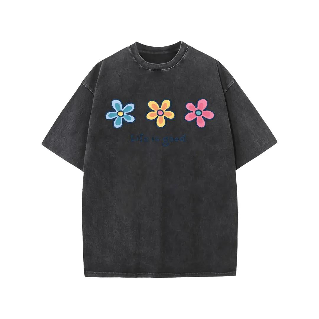 Holafish Women's Acid Washed Short-Sleeve Graphic T-Shirt - Daisy Print, Drop Shoulder, Baggy Fit, Comfortable Casual Streetwear Clothing, Shortsleeve
