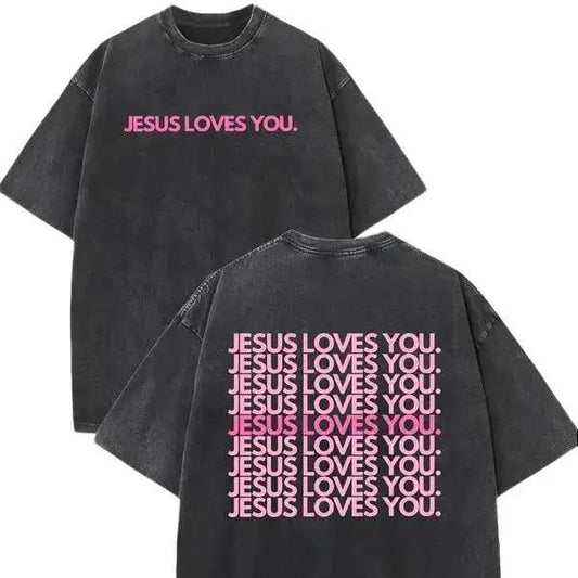 Oversize Acid Wash Christian Shirt "Jesus Loves You" Religious Pattern, Pink/Green Double-Sided Print, Crew Neck Church/Casual Wear Machine Washable Gift summerwins