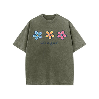 Holafish Women's Acid Washed Short-Sleeve Graphic T-Shirt - Daisy Print, Drop Shoulder, Baggy Fit, Comfortable Casual Streetwear Clothing, Shortsleeve