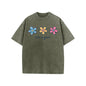 Holafish Women's Acid Washed Short-Sleeve Graphic T-Shirt - Daisy Print, Drop Shoulder, Baggy Fit, Comfortable Casual Streetwear Clothing, Shortsleeve