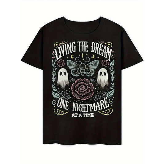 Men's Gothic T-Shirt - Vintage Horror Floral Tee with Skeleton, Loose Fit Crewneck Top for Halloween, Concerts & Everyday Dark Academia Style - All-Season Non-Stretch Cotton Shirt, Oversized Menswear
