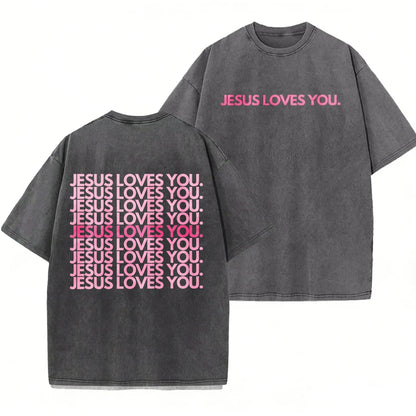 Oversize Acid Wash Christian Shirt "Jesus Loves You" Religious Pattern, Pink/Green Double-Sided Print, Crew Neck Church/Casual Wear Machine Washable Gift summerwins