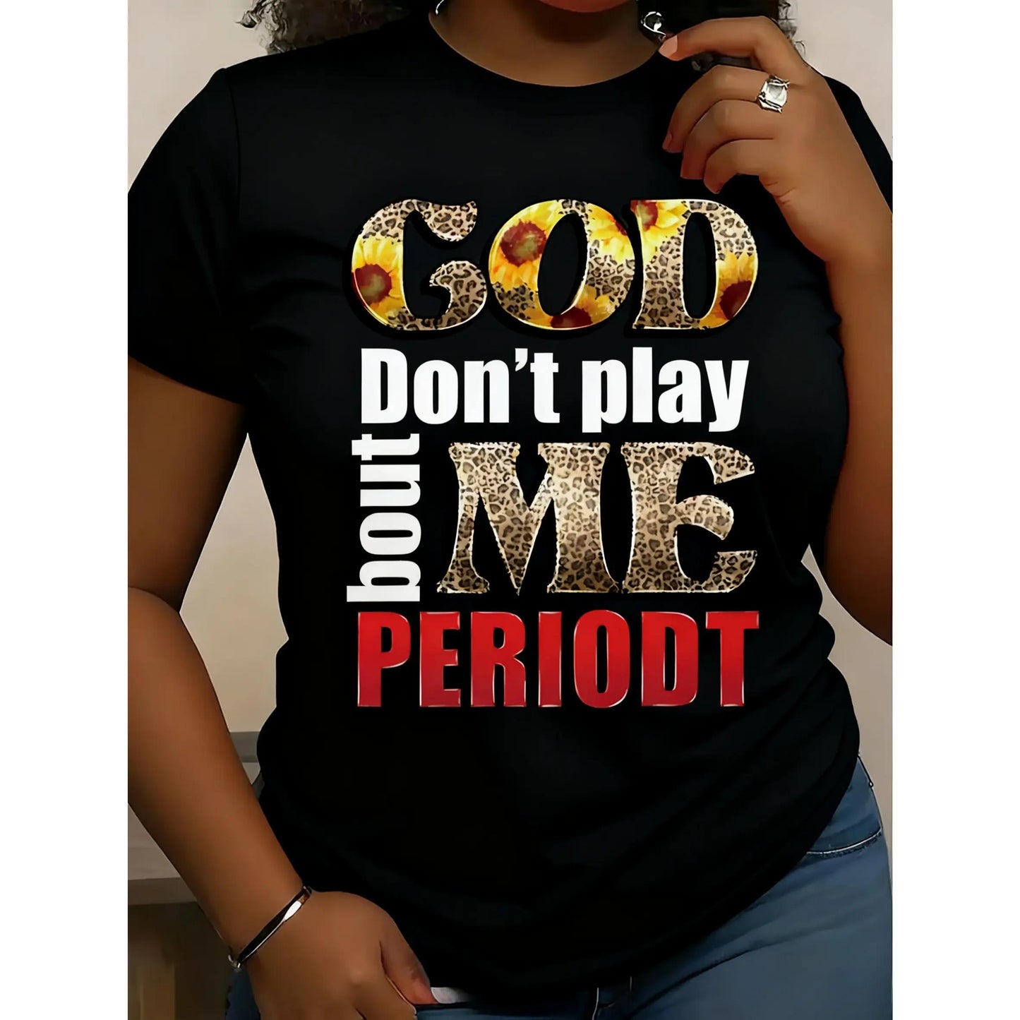 Women's "God Don't Play With Me" Graphic T-Shirt - Bright Yellow Casual Short Sleeve Top, Leopard Print Embellishment, Soft Stretch Fabric, Round Neck Design, Machine Washable, All-Season Comfort, Women's T-Shirt, Bold Letter Print