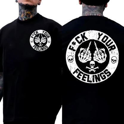 Men's "F*ck Your Feelings" Skull Graphic T-Shirt, Short-Sleeve Round Neck Loose Menswear, Bold Statement Limited Edition Fashion Streetwear Casual Angel Tee tiktokshopspringglowup,summervibes outdoorfun