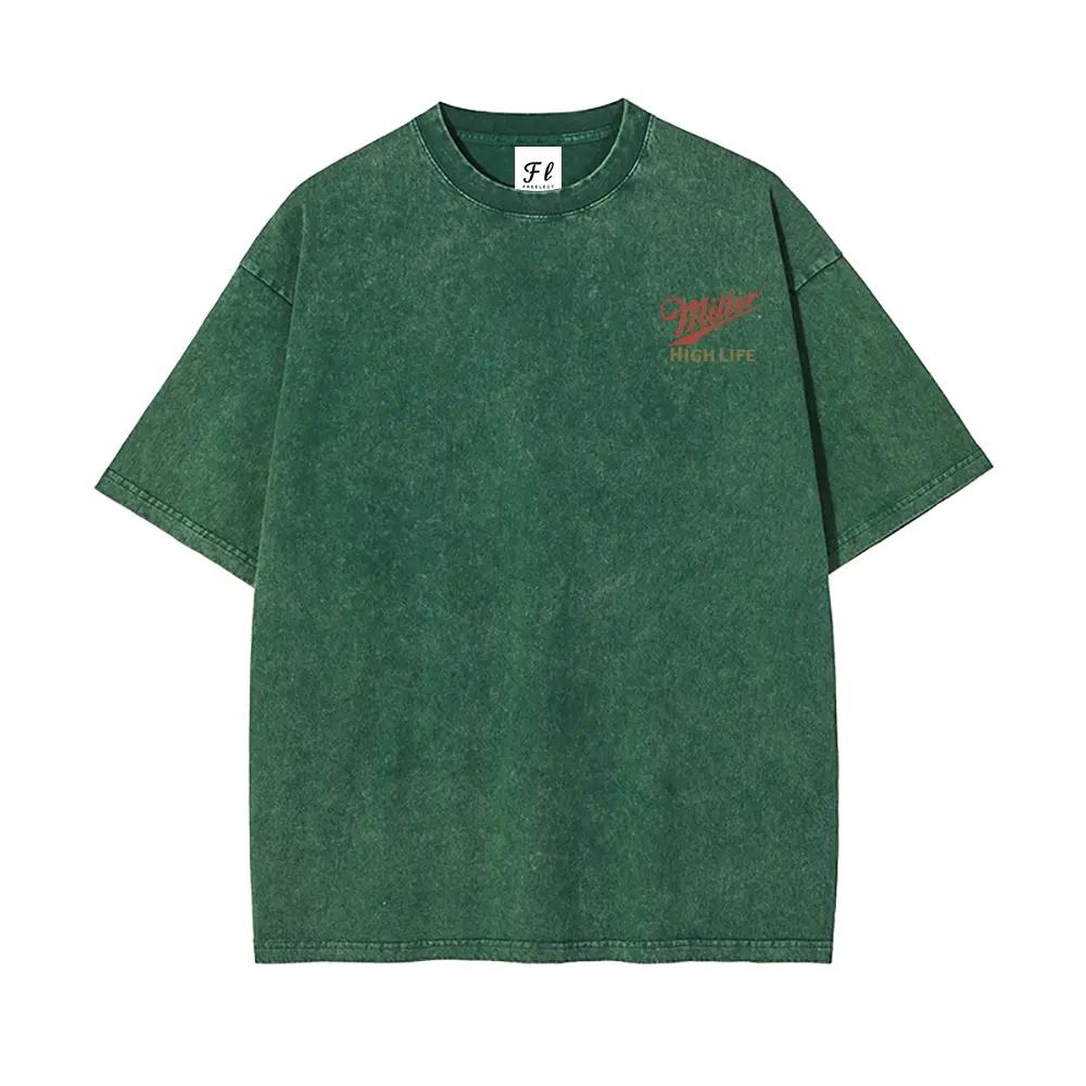 Menswear Short-Sleeve Round Neck Vintage Washed Unisex T-Shirt - Retro Logo Graphic Tee, Soft Cotton Fabric Casual Comfortable Top with Tropical Vibe, Classic Fit Streetwear
