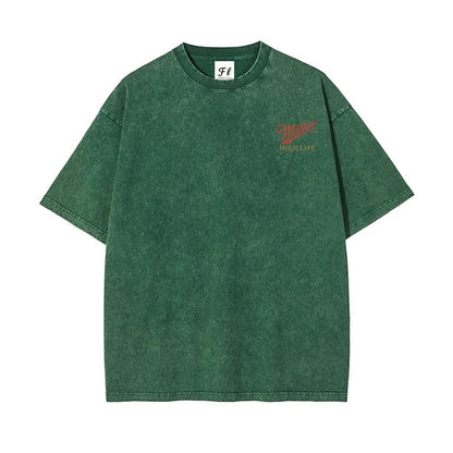 Menswear Short-Sleeve Round Neck Vintage Washed Unisex T-Shirt - Retro Logo Graphic Tee, Soft Cotton Fabric Casual Comfortable Top with Tropical Vibe, Classic Fit Streetwear