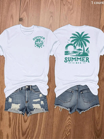 Women's Letter & Palm Tree Print Round Neck Tee, Casual Short Sleeve Crew Neck T-Shirt for Daily Wear, Ladies Sportswear for All Seasons, Summer Top
