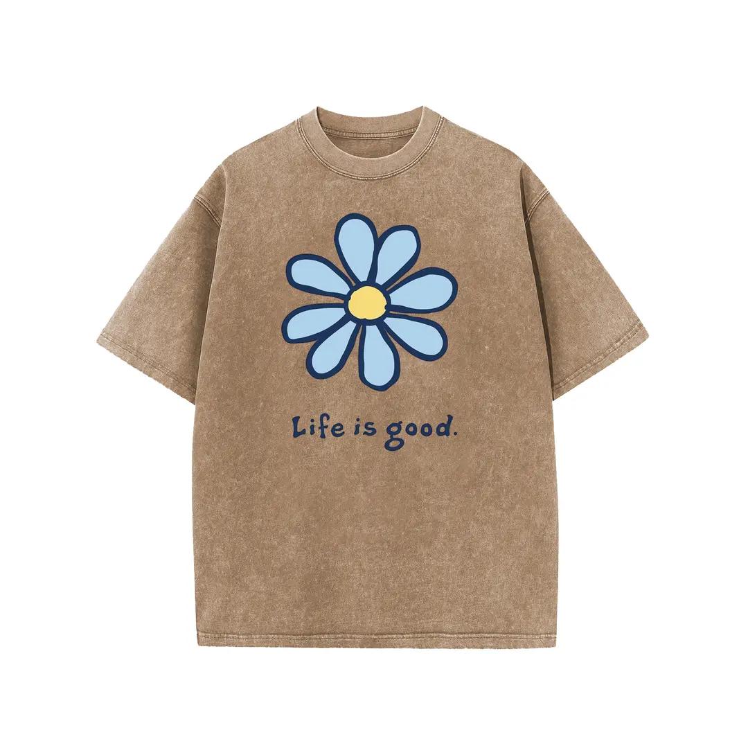 Holafish Womens Daisy, Life Print Graphic Tee, Acid Washed T-Shirt with Drop Shoulder Design, Unisex Baggy Hip Hop Vintage Streetwear Style, Mothers Day Gift