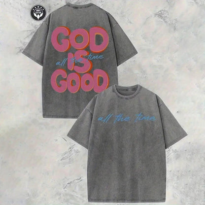 Vintage Christian T-Shirt, God Is Good All The Time Washed Black Cotton Oversized Short Sleeve Tee, Retro Faith Based Graphic Casual Crewneck Shirt for Believers