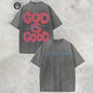 Vintage Christian T-Shirt, God Is Good All The Time Washed Black Cotton Oversized Short Sleeve Tee, Retro Faith Based Graphic Casual Crewneck Shirt for Believers