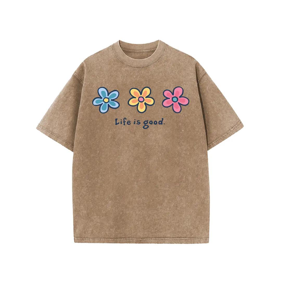 Holafish Women's Acid Washed Short-Sleeve Graphic T-Shirt - Daisy Print, Drop Shoulder, Baggy Fit, Comfortable Casual Streetwear Clothing, Shortsleeve