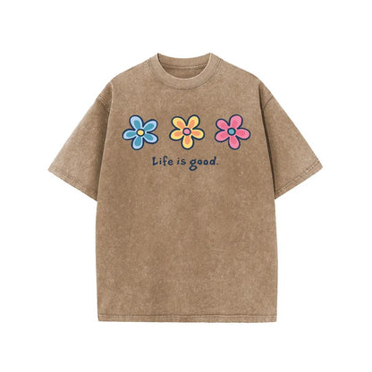 Holafish Women's Acid Washed Short-Sleeve Graphic T-Shirt - Daisy Print, Drop Shoulder, Baggy Fit, Comfortable Casual Streetwear Clothing, Shortsleeve