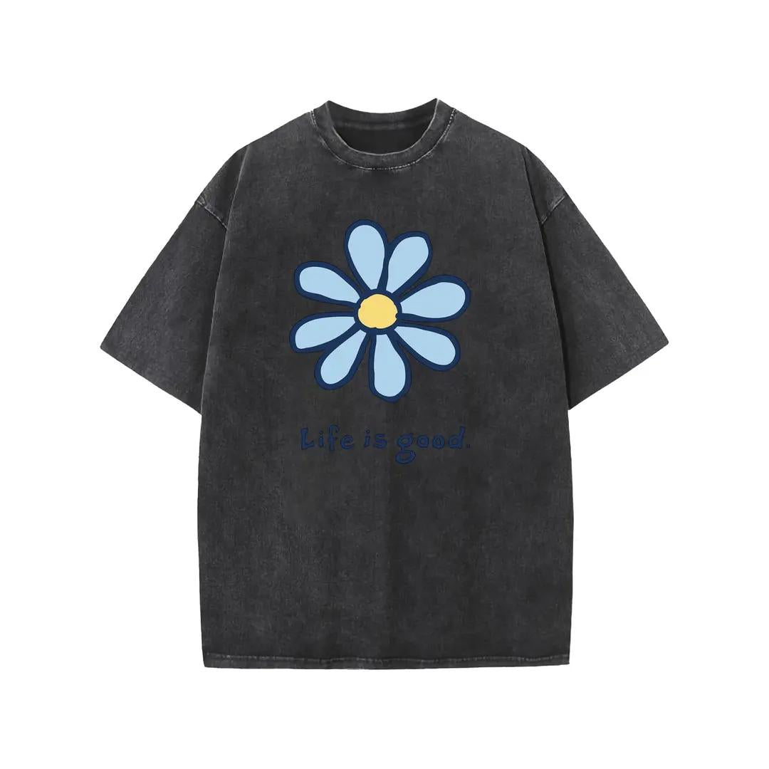 Holafish Womens Daisy, Life Print Graphic Tee, Acid Washed T-Shirt with Drop Shoulder Design, Unisex Baggy Hip Hop Vintage Streetwear Style, Mothers Day Gift