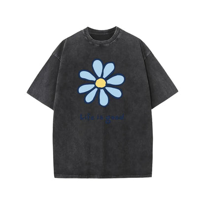 Holafish Womens Daisy, Life Print Graphic Tee, Acid Washed T-Shirt with Drop Shoulder Design, Unisex Baggy Hip Hop Vintage Streetwear Style, Mothers Day Gift