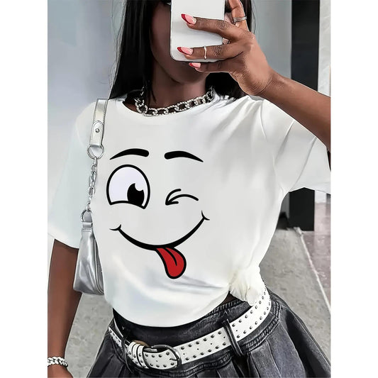 Women's Short-Sleeve T-Shirt - Round Neck, Smiley Face Print, Elegance, Versatile Fit, Stylish Casual Summer Top for Commuting & Vacation, S-XXXL, Multiple Colors Available, Shortsleeve, Tshirt