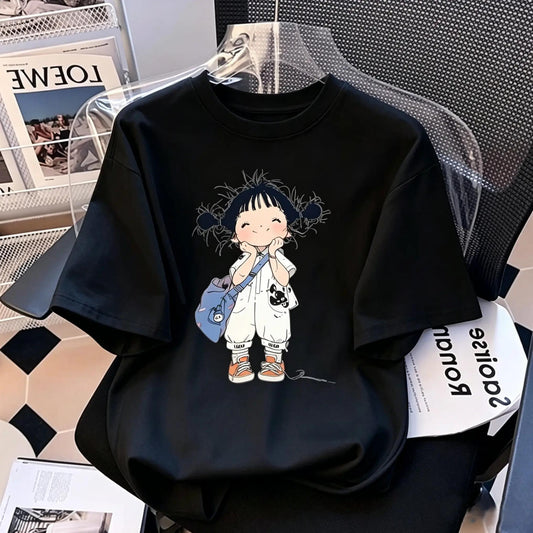 Women's 100%25 Cotton Oversized Short-Sleeve Graphic T-Shirt, Whimsical Sketch Girl with Backpack Print, Y2K Aesthetic Crew Neck Medium-Length Fabric Top, Casual Streetwear Comfortable Breathable, Round Neck tiktokshopspringglowup summerwins