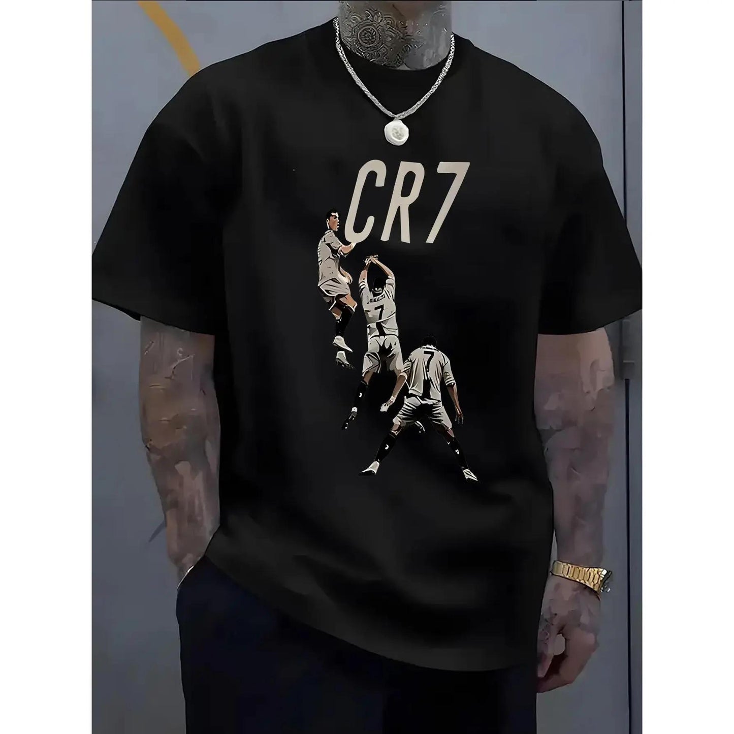 Men's & 's Ronaldo-Inspired CR7 Logo Design T-Shirt - White 'R' & '7' Lettering, Breathable Polyester Knit, Casual Round Neck Short Sleeve Tee for Fans, Casual Attire & Apparel