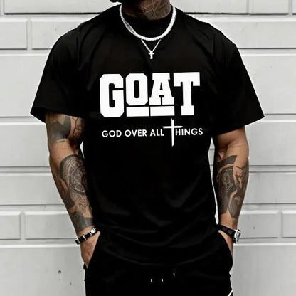 GOAT (God Over All) graphic T-shirt for men, 100%25 pure cotton, loose street-style short sleeves—trendy Christian casual top, best-selling faith urban fashion style., Shortsleeve, Menswear, Tshirt, Round Neck tiktokshopspringglowup