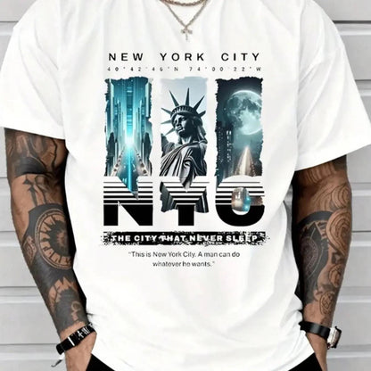 Mens NYC Eternal City printed T-shirt, New York street-style short sleeve, Statue of Liberty themed casual top. tiktokshopspringglowup