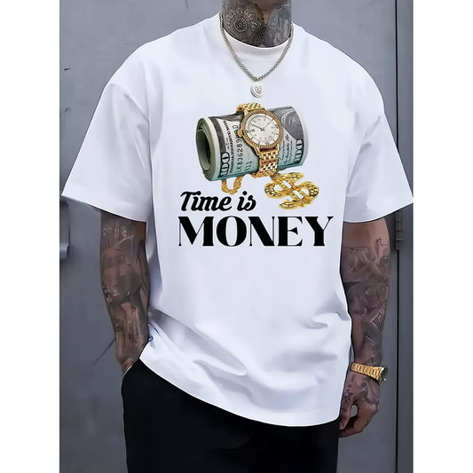 Men's T-Shirt with Watch, Money and Chain Print Time Is MONEY 220g Pure Cotton Single-sided Printed Round Neck Short Sleeved T-shirt, Gift for Dad Mom Family and Friend, Everyday Tshirt, Urban St