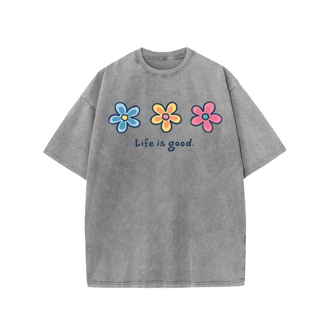 Holafish Women's Acid Washed Short-Sleeve Graphic T-Shirt - Daisy Print, Drop Shoulder, Baggy Fit, Comfortable Casual Streetwear Clothing, Shortsleeve