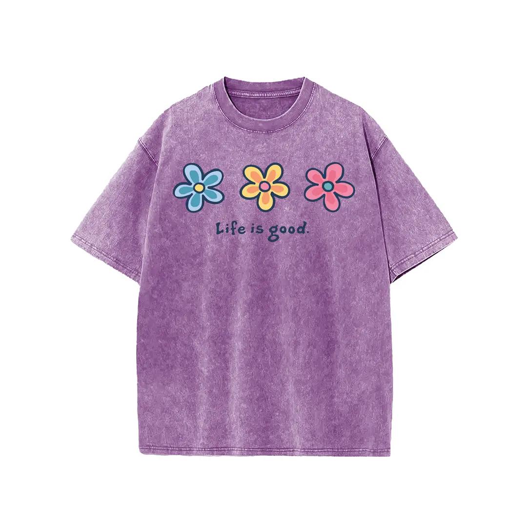 Holafish Women's Acid Washed Short-Sleeve Graphic T-Shirt - Daisy Print, Drop Shoulder, Baggy Fit, Comfortable Casual Streetwear Clothing, Shortsleeve