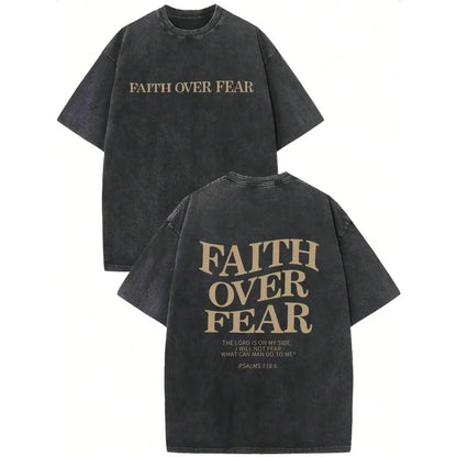 Faith Over Fear Vintage Graphic Tee Washed Cotton The Bible Psalms 118:6 T-Shirt Casual Loose Fit Short Sleeve Round Neck Print Summer Wear Streetwear Unisex Top