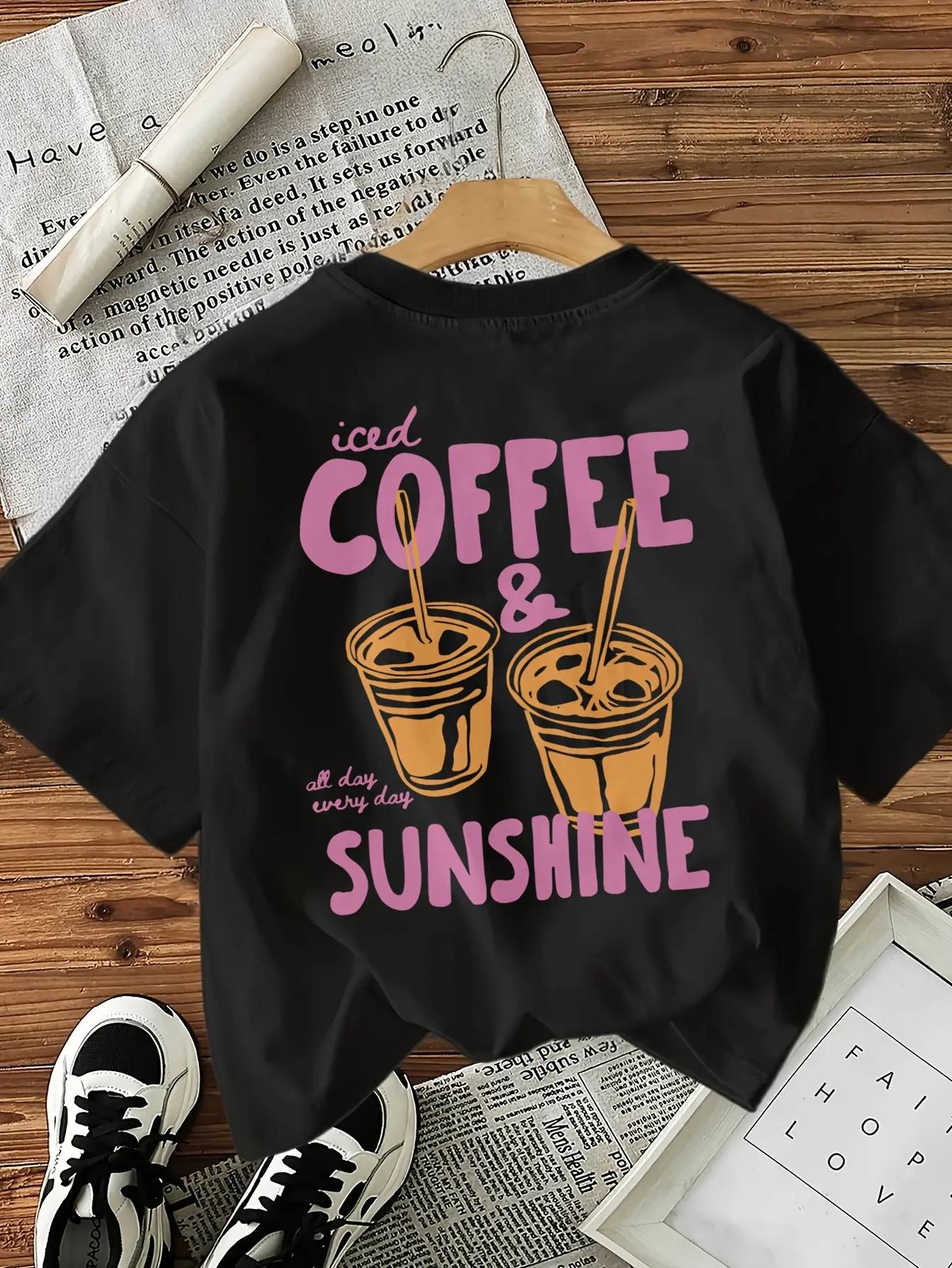 Women'S Casual Short-Sleeve T-Shirt - Iced Coffee And Sunshine Letter Print, a Perfect Gift for Coffee Lovers. Regular Fit Crew Neck Top, Suitable for All Seasons. (Women'S Clothing)