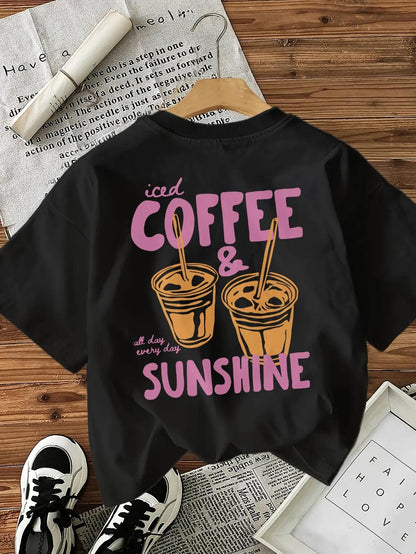 Women'S Casual Short-Sleeve T-Shirt - Iced Coffee And Sunshine Letter Print, a Perfect Gift for Coffee Lovers. Regular Fit Crew Neck Top, Suitable for All Seasons. (Women'S Clothing)