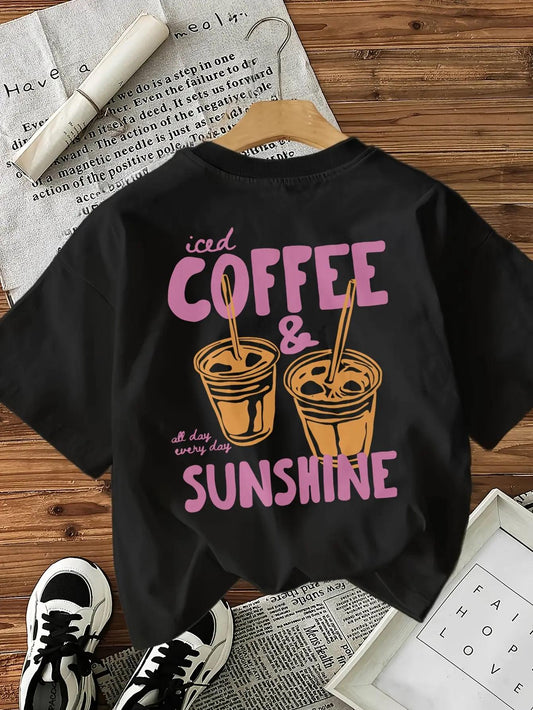 Women'S Casual Short-Sleeve T-Shirt - Iced Coffee And Sunshine Letter Print, a Perfect Gift for Coffee Lovers. Regular Fit Crew Neck Top, Suitable for All Seasons. (Women'S Clothing)