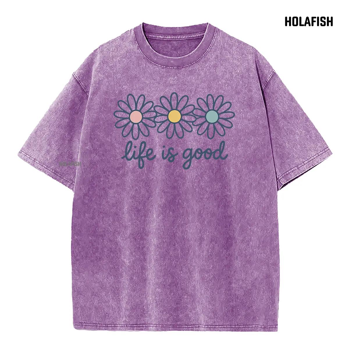 Holafish Upgraded Acid Wash Tee for Women Cotton Trendy Graphic T-Shirt Drop Shoulder Design for Vintage Streetwear Unisex Baggy Hip Hop Style Acid Washed Graphic Tee Mother's Day Gift