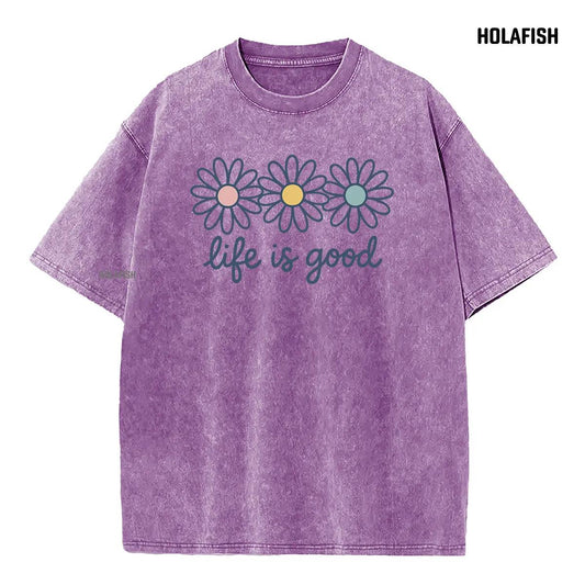 Holafish Upgraded Acid Wash Tee for Women Cotton Trendy Graphic T-Shirt Drop Shoulder Design for Vintage Streetwear Unisex Baggy Hip Hop Style Acid Washed Graphic Tee Mother's Day Gift