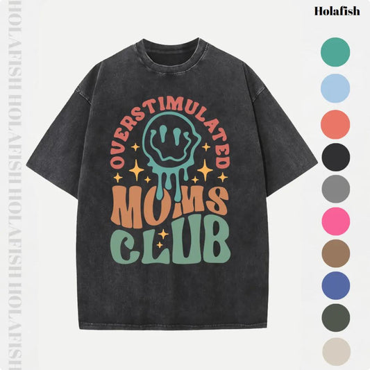 Holafish Mothers Day Gift Acid Washed Oversized VintageMOM'S Club Pattern T-Shirt,MOM'S Day T-shirt Heavyweight Cotton Streetwear graphic vintage Crewneck Tshirt