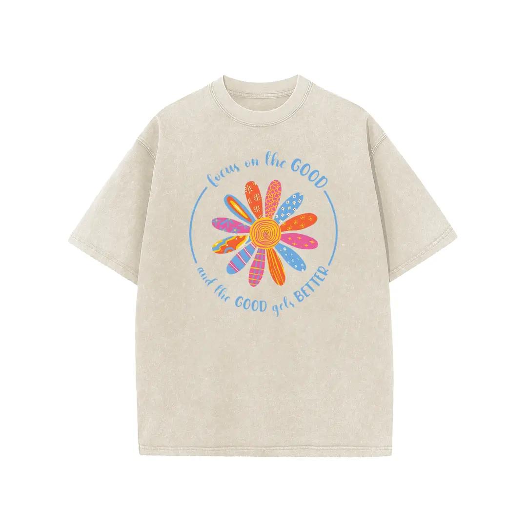 Holafish Flower Print T-Shirt, Unisex Heavy-Weight Cotton Acid Washed Graphic Short Sleeve Casual Tee for Streetwear, Weekend Wear and Everyday Style
