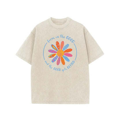 Holafish Flower Print T-Shirt, Unisex Heavy-Weight Cotton Acid Washed Graphic Short Sleeve Casual Tee for Streetwear, Weekend Wear and Everyday Style