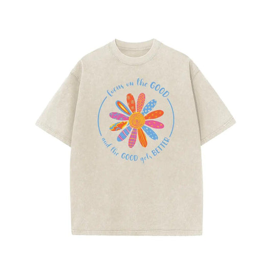 Holafish Flower Print T-Shirt, Unisex Heavy-Weight Cotton Acid Washed Graphic Short Sleeve Casual Tee for Streetwear, Weekend Wear and Everyday Style