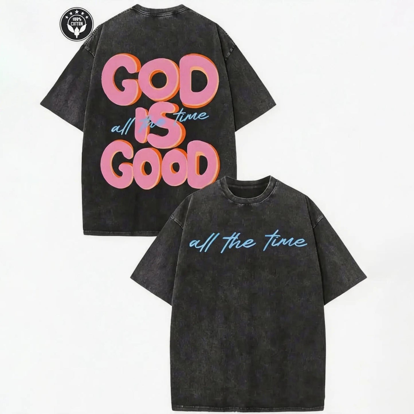Vintage Christian T-Shirt, God Is Good All The Time Washed Black Cotton Oversized Short Sleeve Tee, Retro Faith Based Graphic Casual Crewneck Shirt for Believers