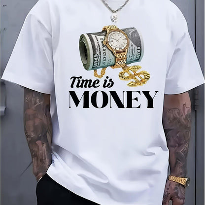 Men's T-Shirt with Watch, Money and Chain Print Time Is MONEY 220g Pure Cotton Single-sided Printed Round Neck Short Sleeved T-shirt, Gift for Dad Mom Family and Friend, Everyday Tshirt, Urban St