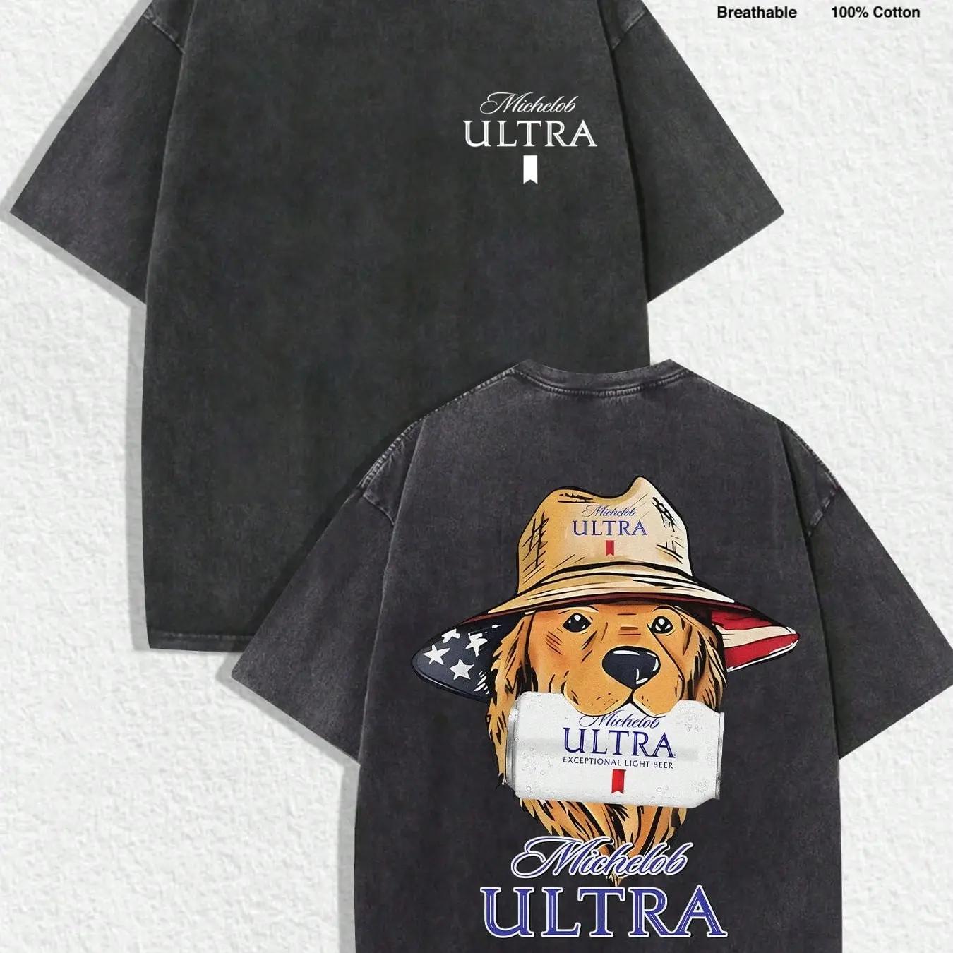 "Michelob Ultra - American Dog" Vintage Graphic Tee: Washed Shirt (Available In Gray/Dark Gray) With "Michelob Ultra" Logo (Front), Back Art Of Dog In American Flag Hat Holding Michelob Ultra Beer. Made Of 100%25 Breathable Cotton
