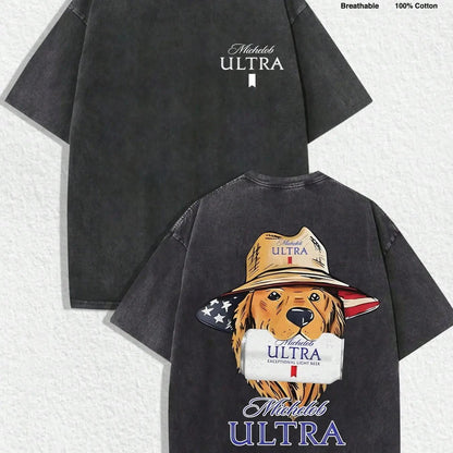 "Michelob Ultra - American Dog" Vintage Graphic Tee: Washed Shirt (Available In Gray/Dark Gray) With "Michelob Ultra" Logo (Front), Back Art Of Dog In American Flag Hat Holding Michelob Ultra Beer. Made Of 100%25 Breathable Cotton