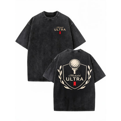 100%25 Cotton Michelob Ultra Golf Ball Wash Cotton Vintage Distressed Graphic Tee, Men's Short Sleeve Pure Cotton Washed T-Shirt Loose Fit, Retro Sports Streetwear Vintage Casual Golf Beer Aesthetic Baggy